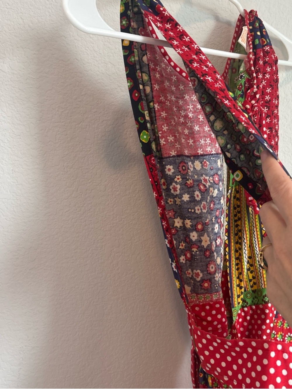 Patchwork Pinafore Apron Dress in Red, Green, Navy - Picture 7 of 8